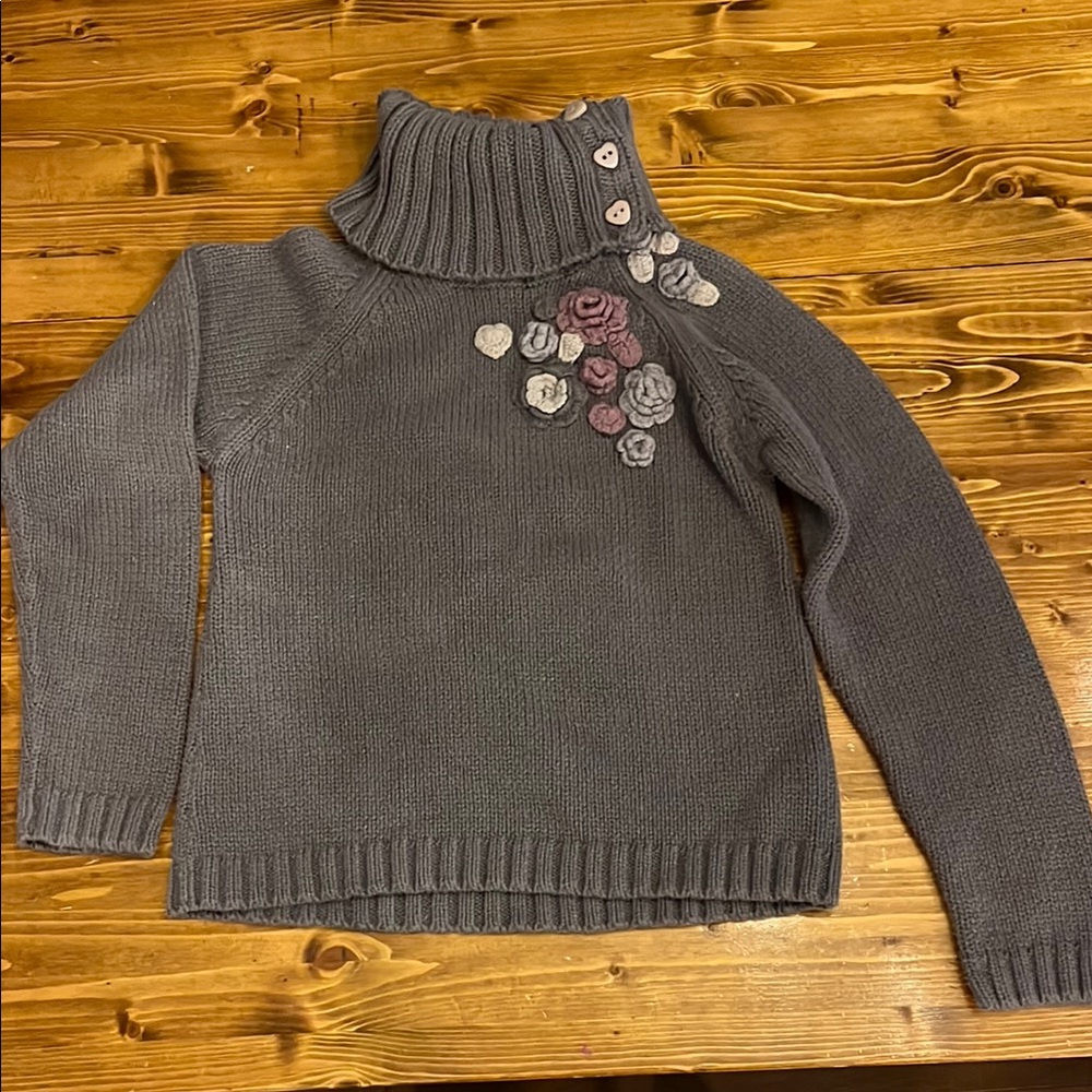 Gray Turtleneck Sweater with Floral Accents